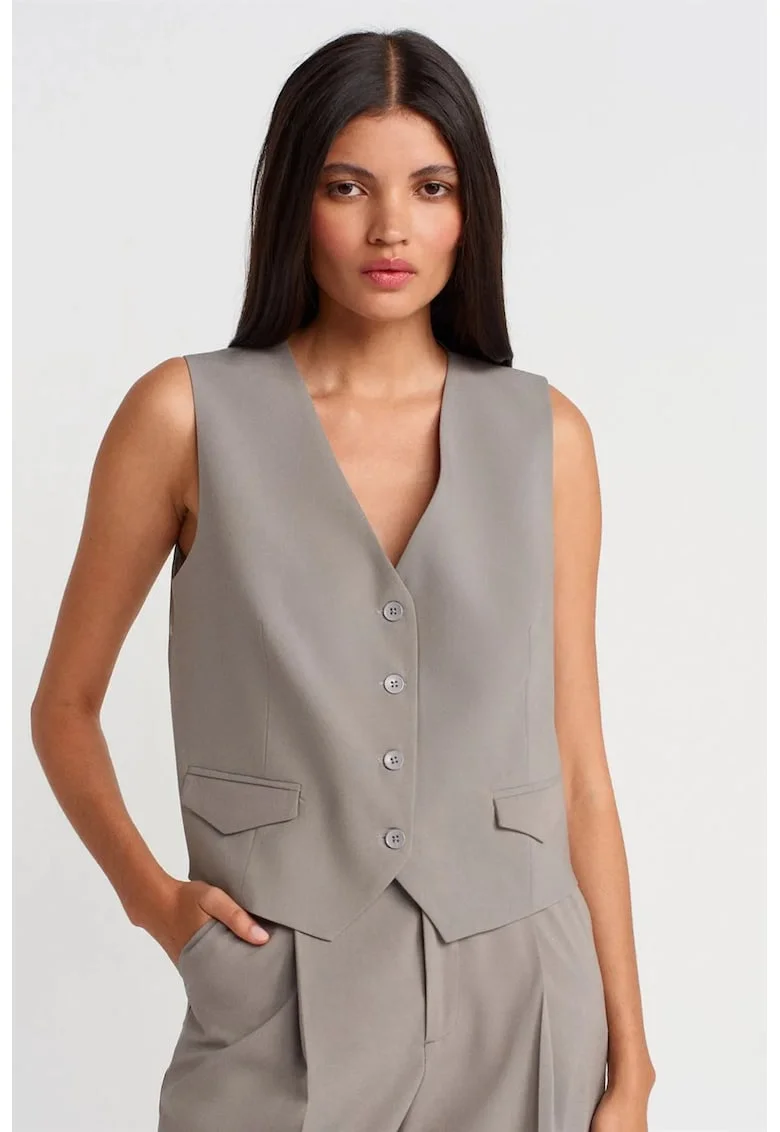 Vesta,  casual, gri ardezie, tesatura creponata, decolteu in V, fara maneci