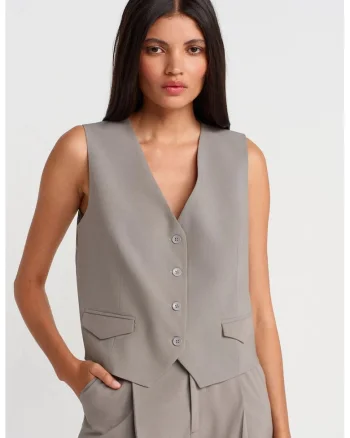Vesta,  casual, gri ardezie, tesatura creponata, decolteu in V, fara maneci