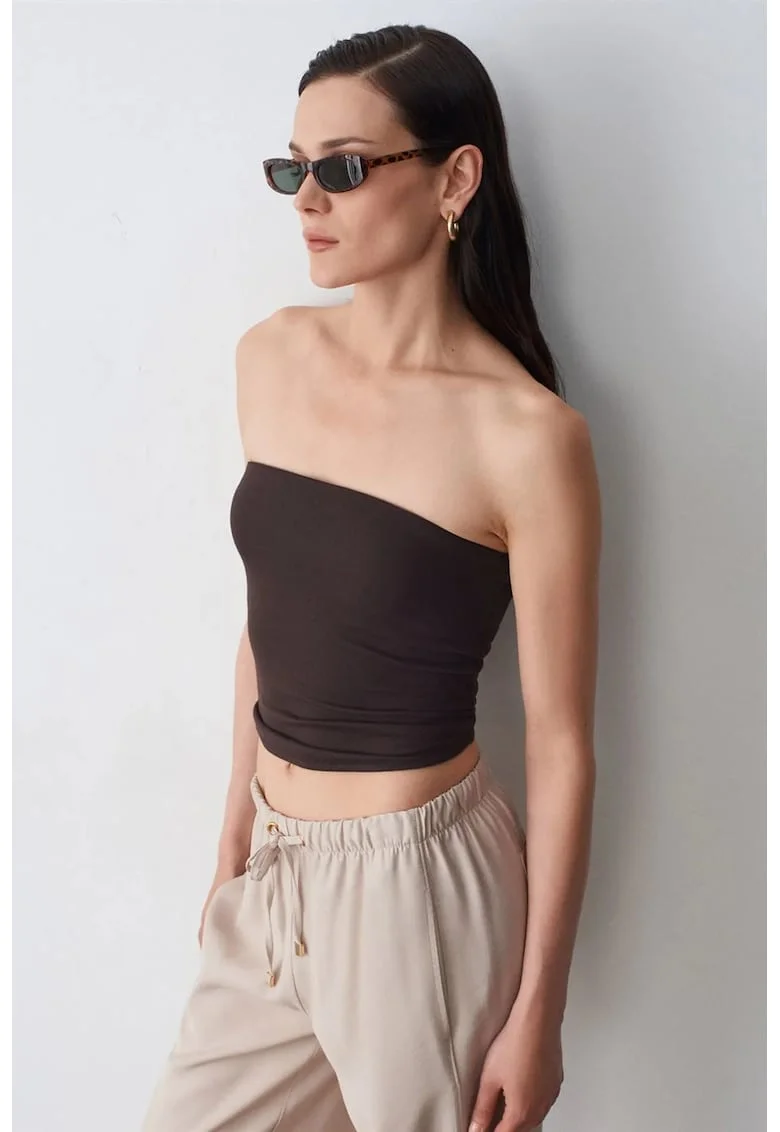 Bluza dama,  crop bandeau, elastic, maro, lyocell bumbac elastan