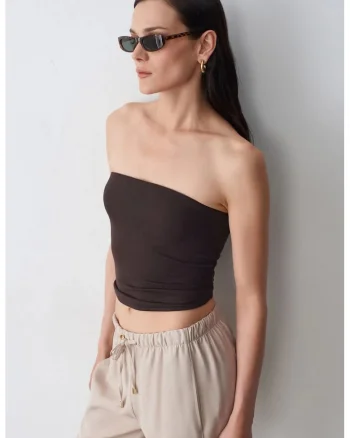 Bluza dama,  crop bandeau, elastic, maro, lyocell bumbac elastan