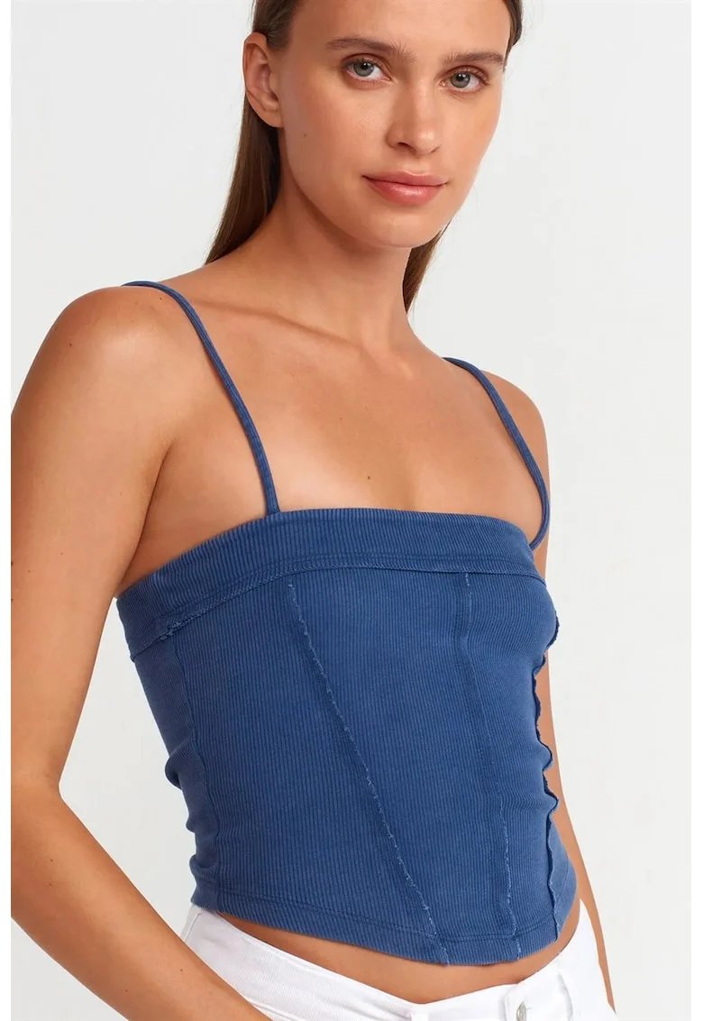 Bluza crop,  decolteu patrat, fara maneci, albastru, bumbac cu elastan
