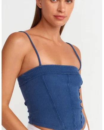 Bluza crop,  decolteu patrat, fara maneci, albastru, bumbac cu elastan