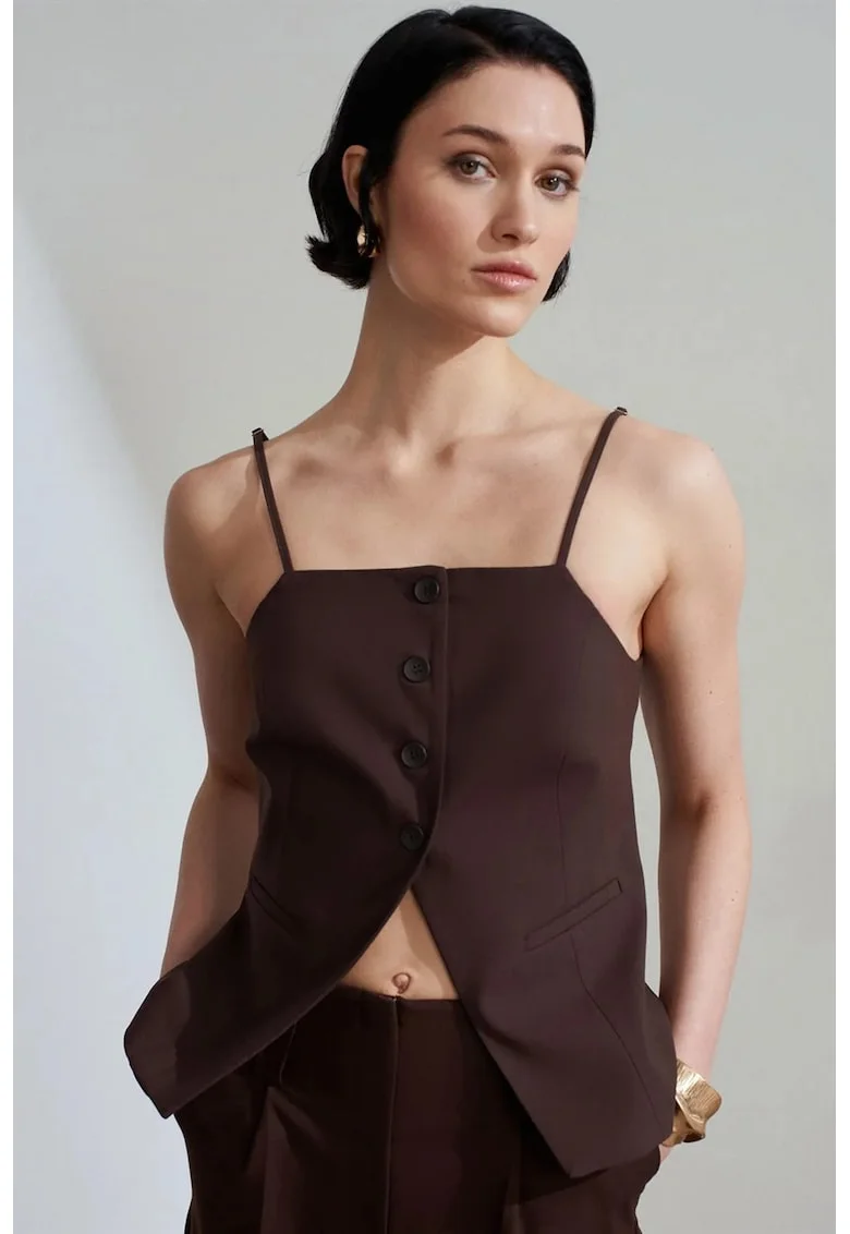 Vesta  din Crep Cambrata cu Guler Patrat, Maro, Casual, Femei