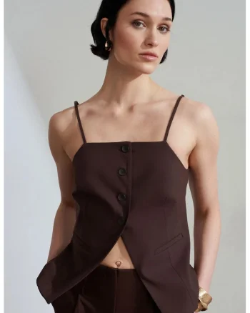 Vesta  din Crep Cambrata cu Guler Patrat, Maro, Casual, Femei