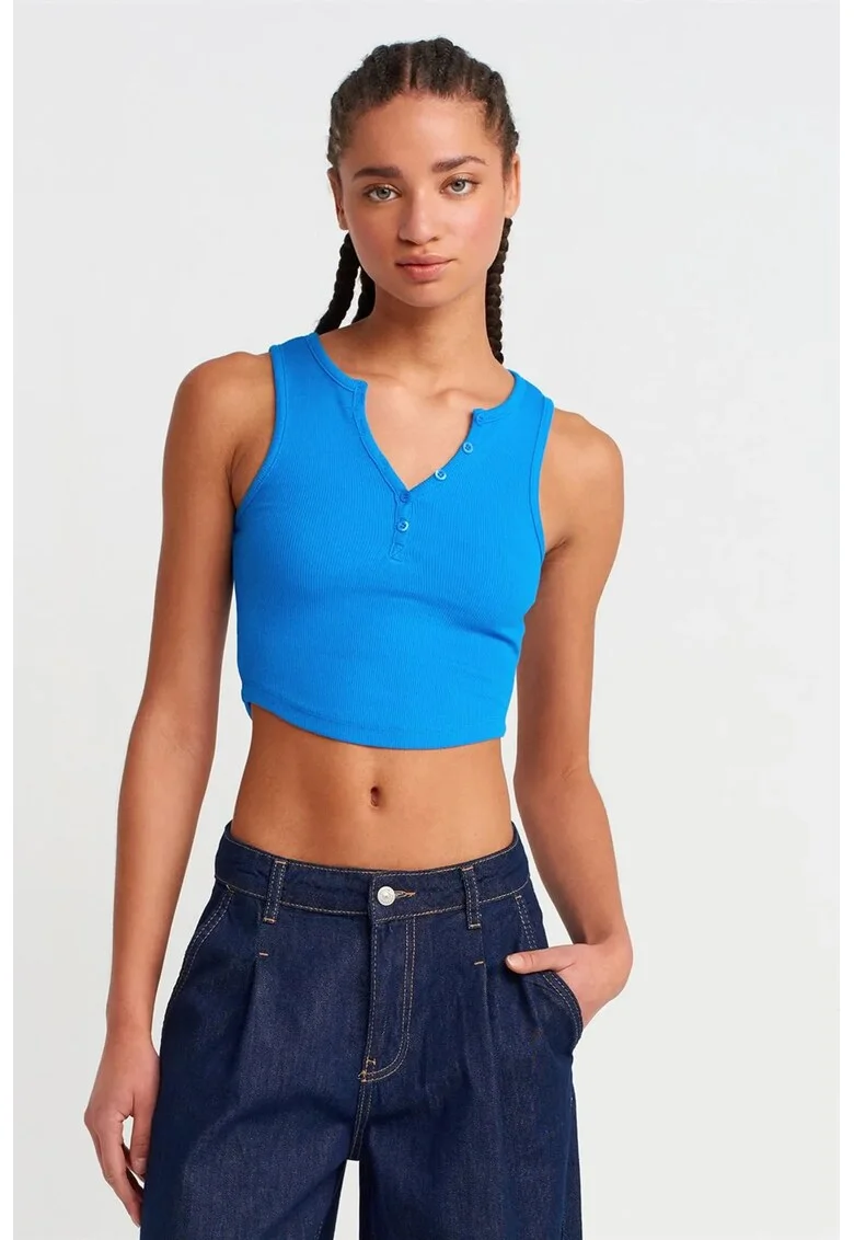 Bluza dama,  crop, slim fit, albastru cobalt, bumbac-elastan