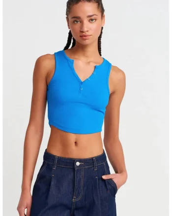 Bluza dama,  crop, slim fit, albastru cobalt, bumbac-elastan