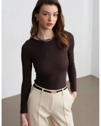 Bluza dama,  slim fit, decolteu barca, culoare maro, bumbac cu elastan