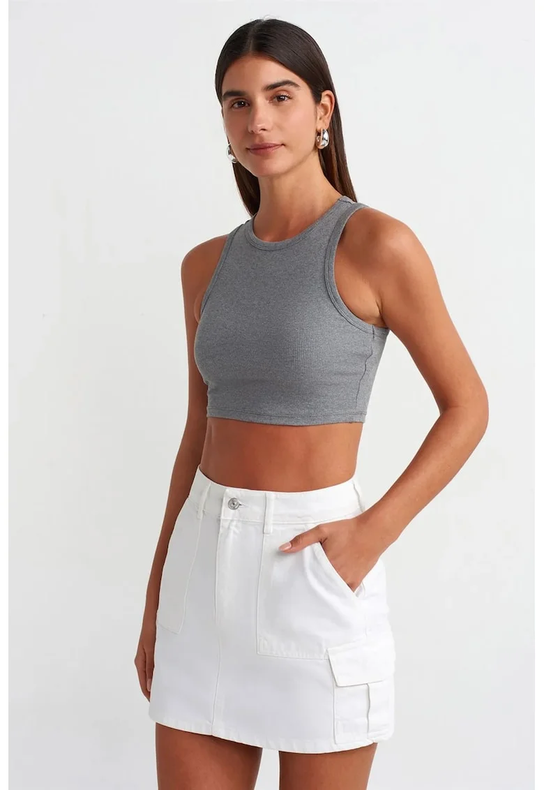 Bluze dama,  crop top slim, gri, bumbac cu elastan