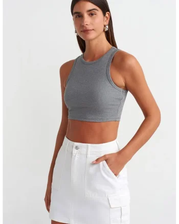 Bluze dama,  crop top slim, gri, bumbac cu elastan