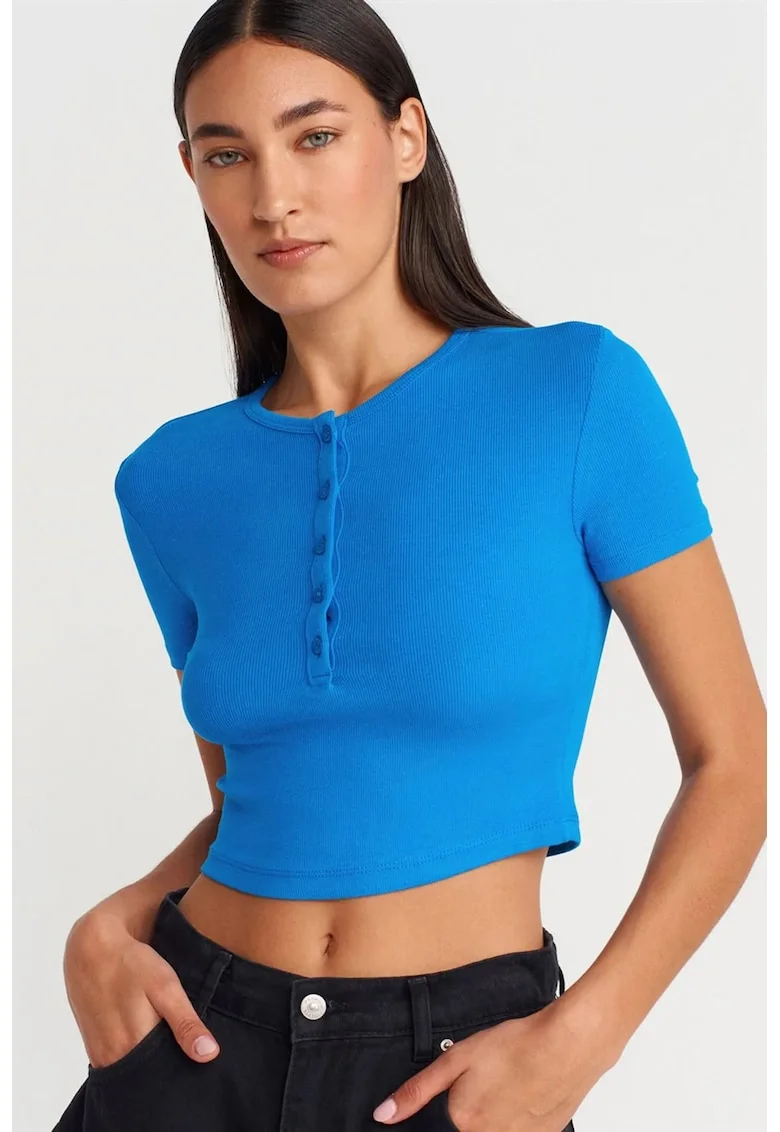 Bluza crop,  slim fit, albastru cobalt, maneci scurte, 94% viscoza, 6% elastan