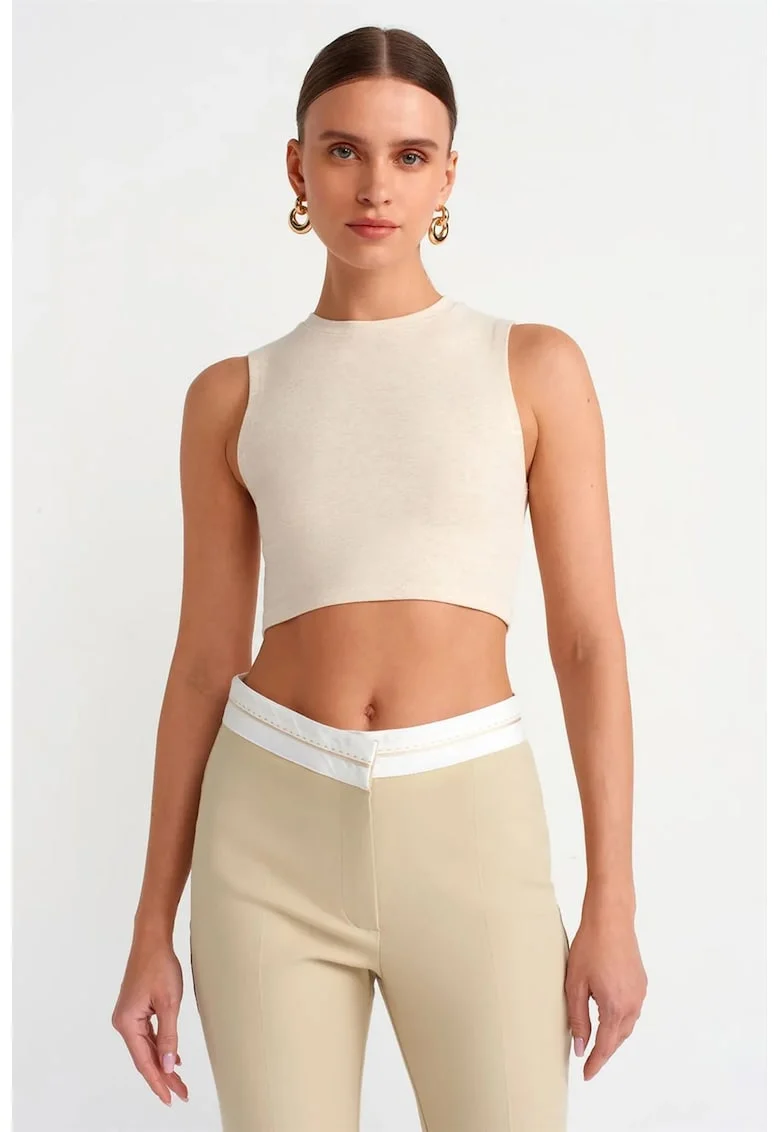Top scurt,  casual, crem, bumbac cu elastan