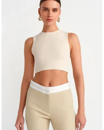 Top scurt,  casual, crem, bumbac cu elastan