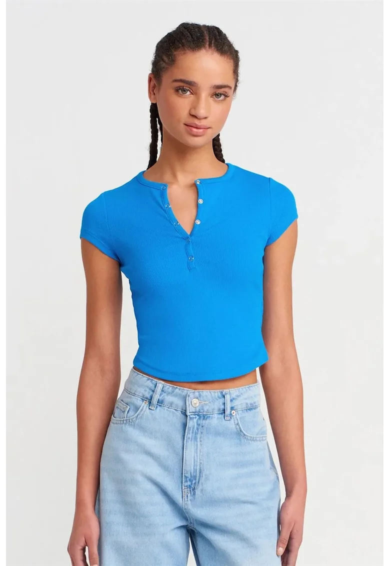 Bluza dama,  scurta, slim-fit, albastru cobalt, bumbac cu elastan
