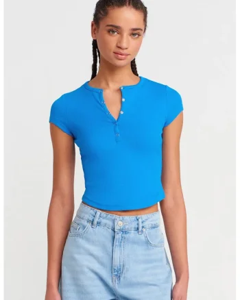 Bluza dama,  scurta, slim-fit, albastru cobalt, bumbac cu elastan