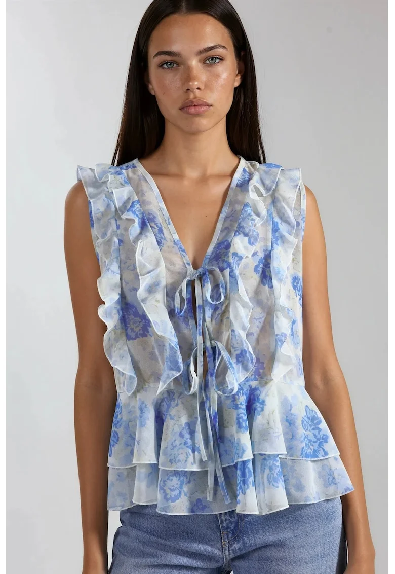Bluza dama,  sifon, imprimeu floral, decolteu in V, albastru gheata