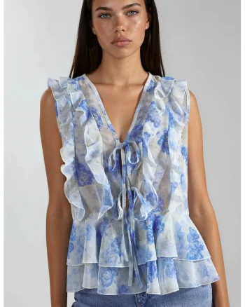 Bluza dama,  sifon, imprimeu floral, decolteu in V, albastru gheata