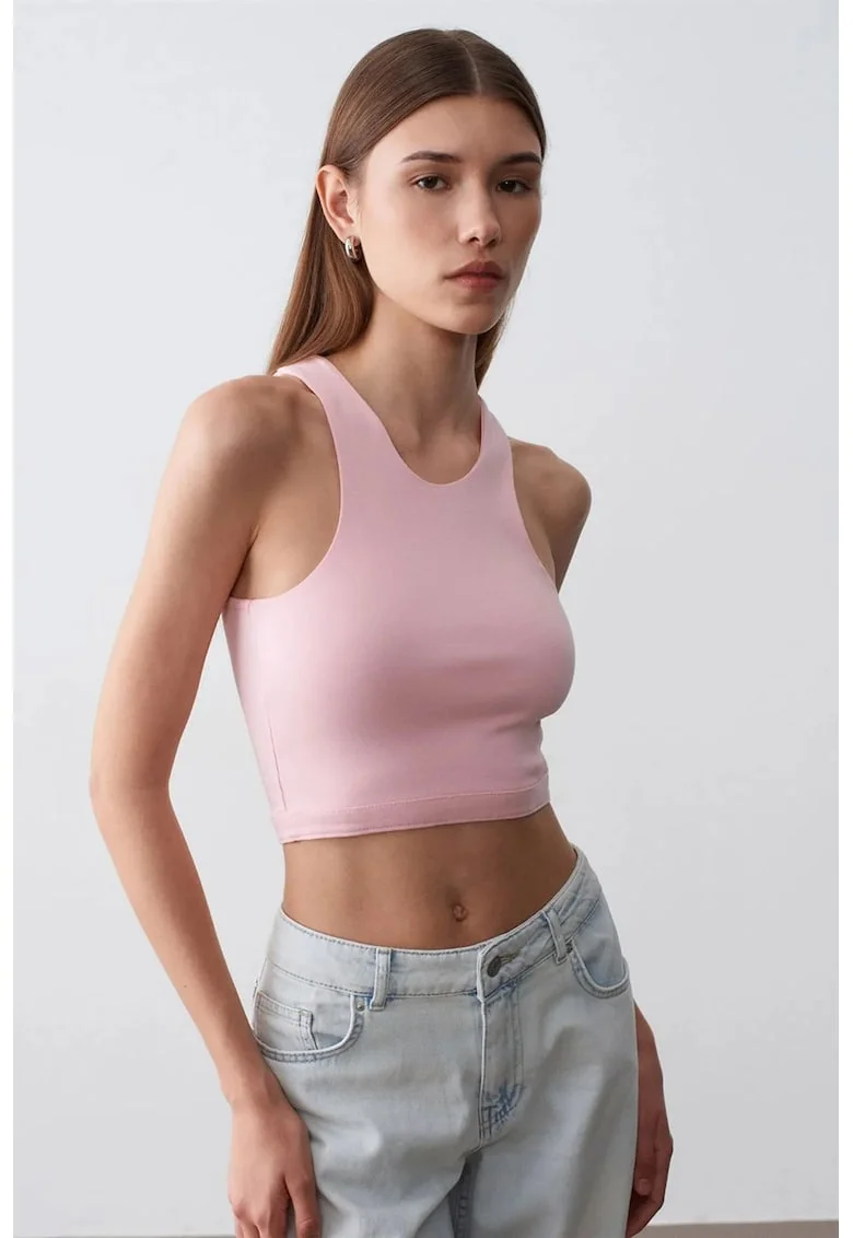 Bluza crop,  fara maneci, roz pudra, tricotata, casual