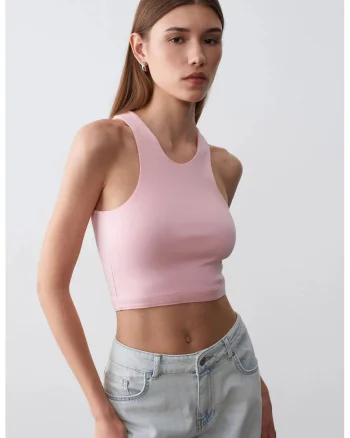 Bluza crop,  fara maneci, roz pudra, tricotata, casual