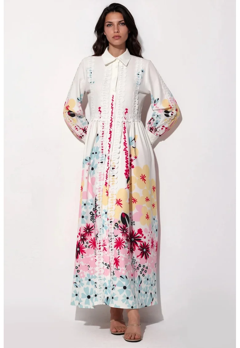 Rochie Maxi A-line,  Floral, Multicolor, Poliester/Lycra, Maneca lunga