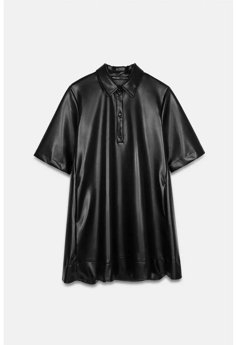 Rochie tip camasa mini,  negru, poliuretan, maneci scurte, stil lejer