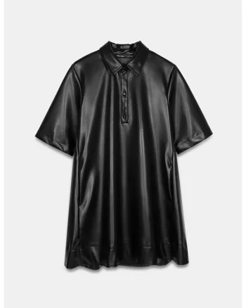 Rochie tip camasa mini,  negru, poliuretan, maneci scurte, stil lejer