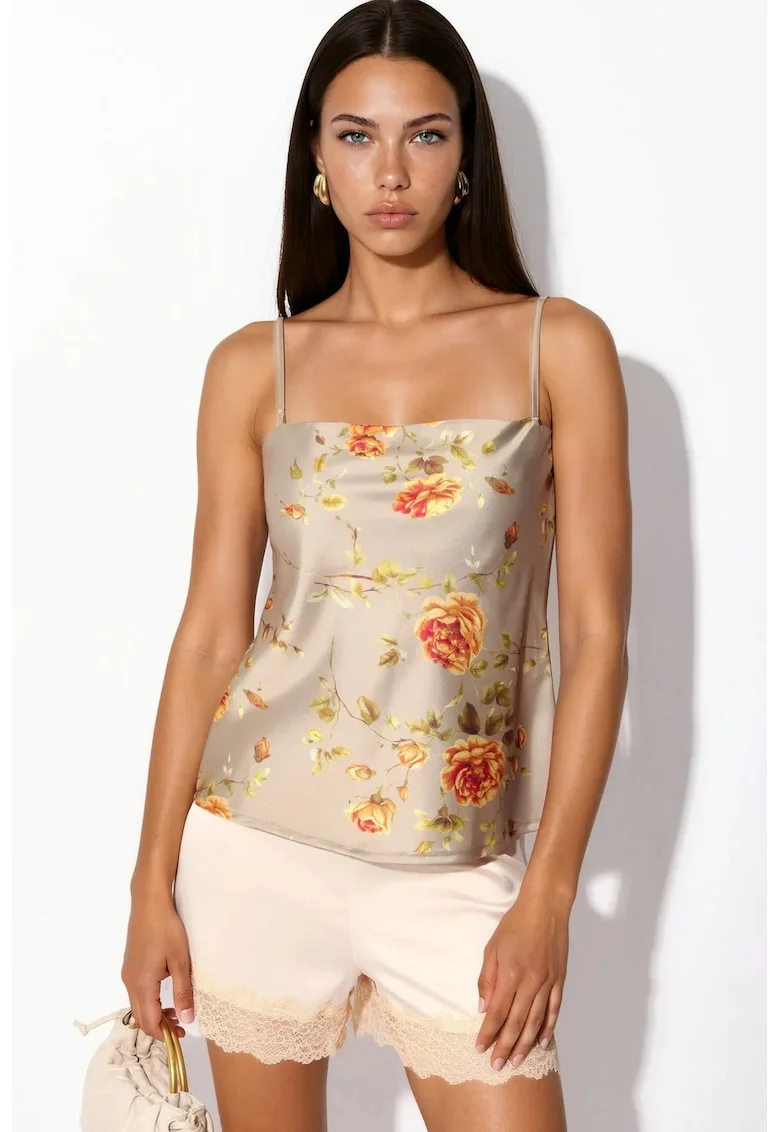 Bluze dama,  bluza scurta din satin, imprimeu floral, culoare naturala, 100% poliester
