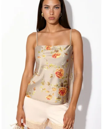 Bluze dama,  bluza scurta din satin, imprimeu floral, culoare naturala, 100% poliester