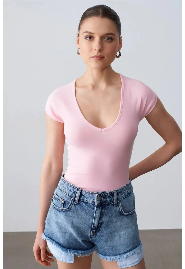 Bluza dama,  crop slim fit, elastic, roz pudrat, bumbac/modal/elastan