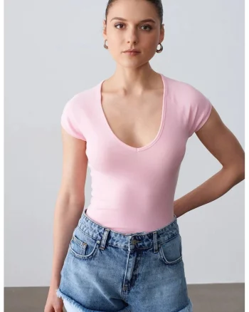 Bluza dama,  crop slim fit, elastic, roz pudrat, bumbac/modal/elastan