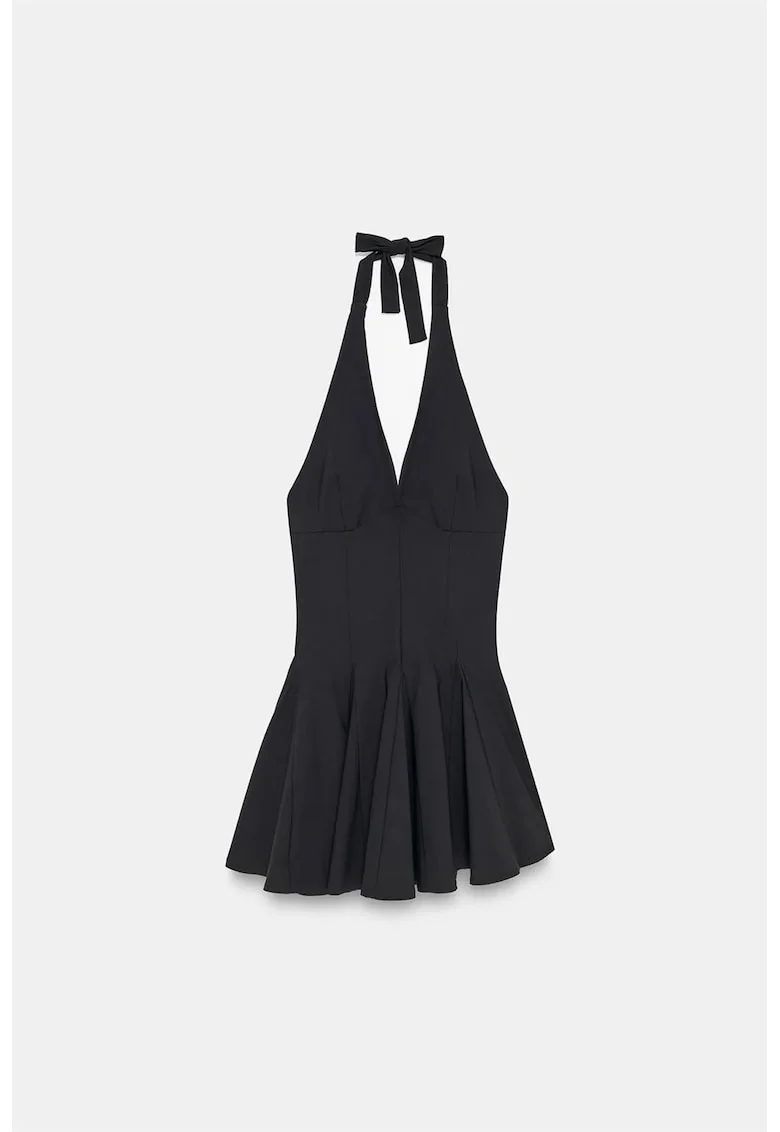 Rochie mini skater  eleganta, neagra, cu guler halter, detalii cu snur, 70% viscoza