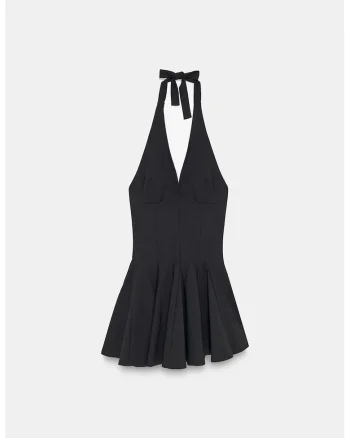 Rochie mini skater  eleganta, neagra, cu guler halter, detalii cu snur, 70% viscoza