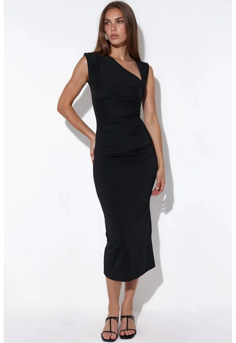 Rochie Maxi,  Eleganta, Drapaj, Negru, Poliamida/Elastan