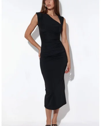 Rochie Maxi,  Eleganta, Drapaj, Negru, Poliamida/Elastan