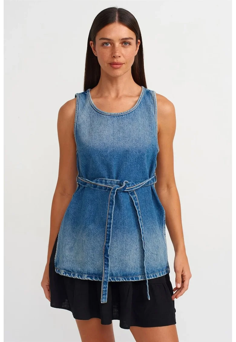 Bluza tunica  din denim de bumbac, albastru, croiala regular fit, detalii cu snur