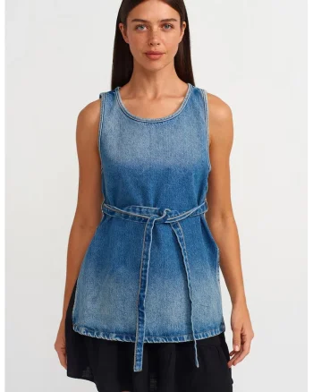 Bluza tunica  din denim de bumbac, albastru, croiala regular fit, detalii cu snur