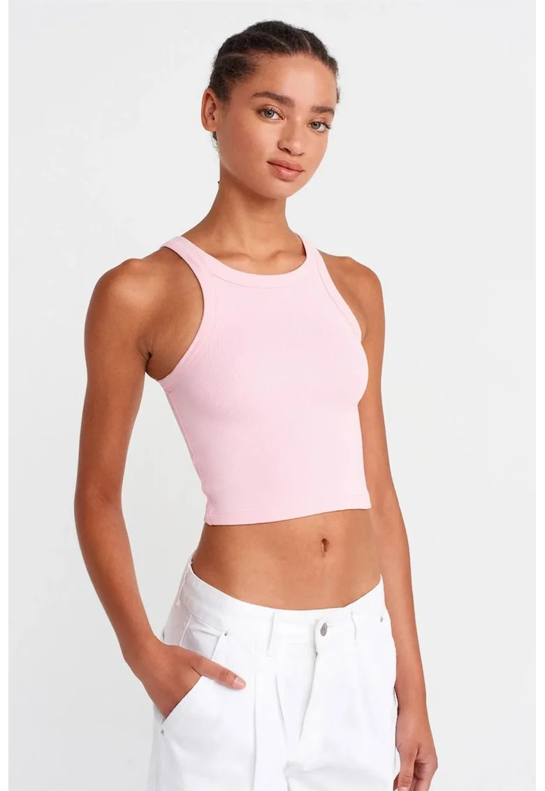 Bluza crop,  slim fit, fara maneci, roz pudrat, bumbac cu elastan