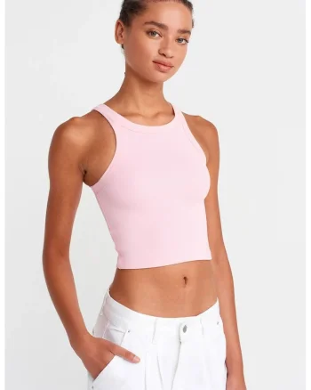 Bluza crop,  slim fit, fara maneci, roz pudrat, bumbac cu elastan