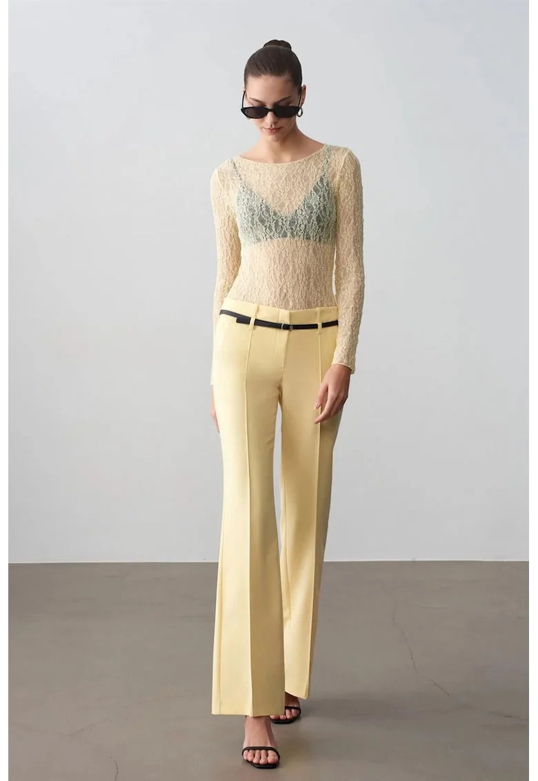 Pantaloni dama,  crepe, casual, galben lamaie, poliester-viscoza-elastan