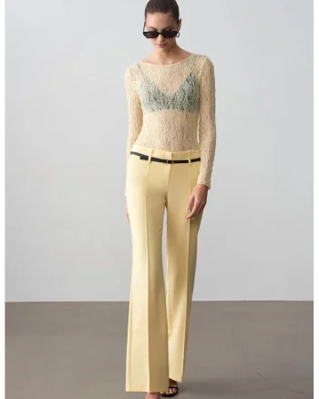 Pantaloni dama,  crepe, casual, galben lamaie, poliester-viscoza-elastan