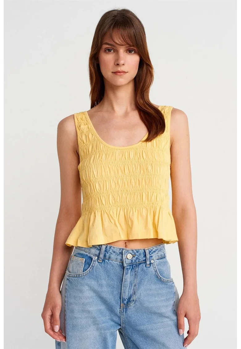 Bluze dama,  bluza crop din bumbac-modal texturat, galben lamaie