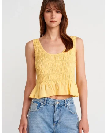 Bluze dama,  bluza crop din bumbac-modal texturat, galben lamaie