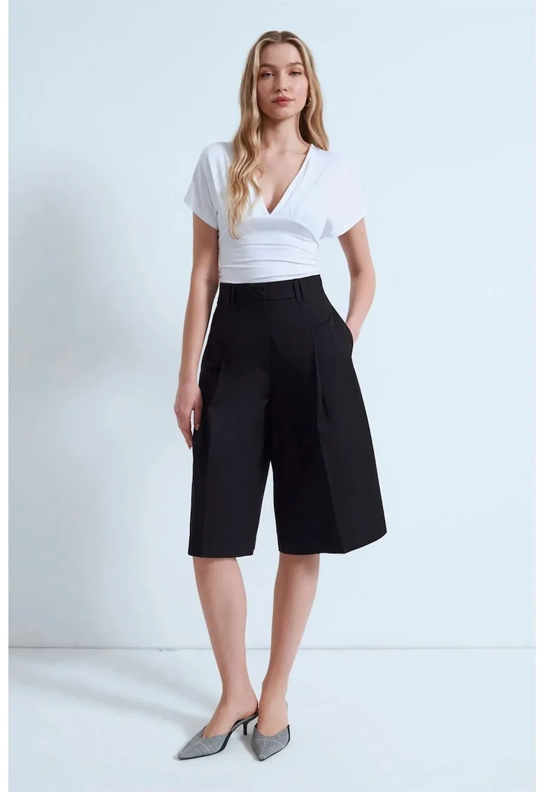 Pantaloni scurti dama,  Capri, talie inalta, negru, bumbac