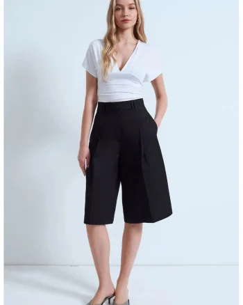 Pantaloni scurti dama,  Capri, talie inalta, negru, bumbac