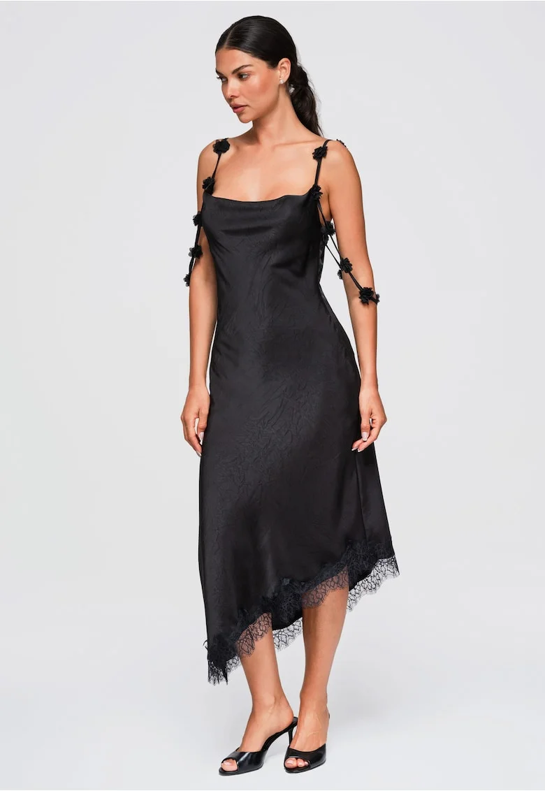Rochie midi eleganta cu decolteu simplu si aplicatii florale LA-OM-DLR410, Negru