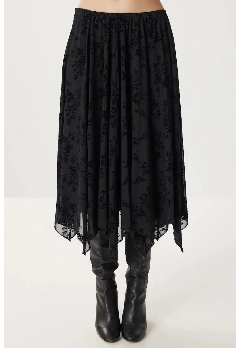 Fusta midi, Happiness Istanbul, imprimeu floral, tul, Negru