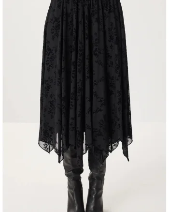Fusta midi, Happiness Istanbul, imprimeu floral, tul, Negru