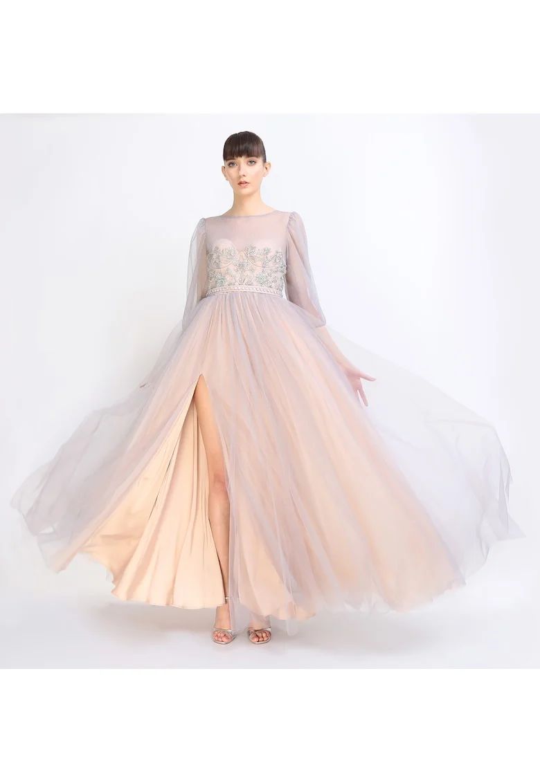 Rochie maxi din tul cu crapatura adanca pe picior Kasia, Gri/Bej