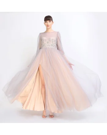 Rochie maxi din tul cu crapatura adanca pe picior Kasia, Gri/Bej