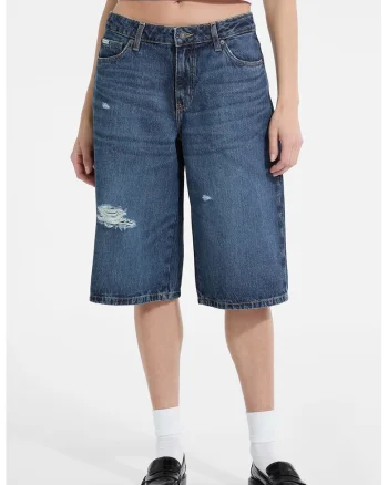 Bermude de denim cu talie medie, Bleumarin