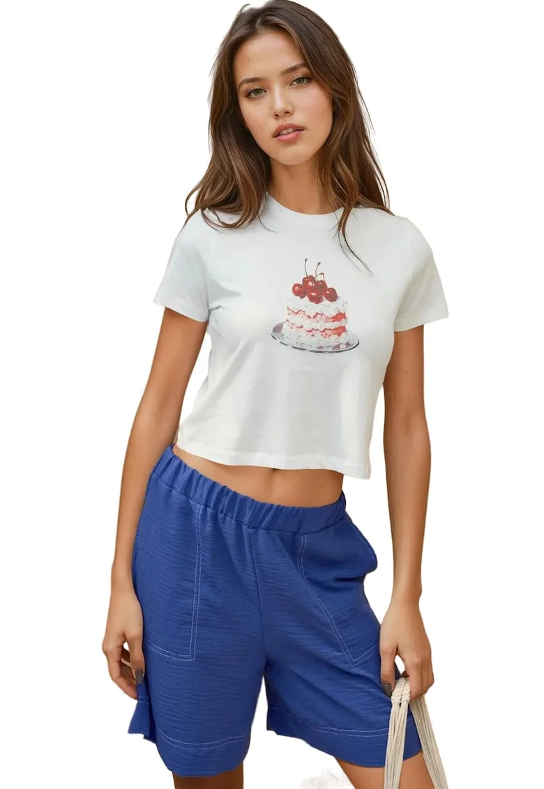 Tricou dama  scurt, imprimat, Rosu